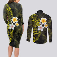 Hawaiian Hibiscus and Plumeria Polynesian Tribal Tattoo Couples Matching Long Sleeve Bodycon Dress and Long Sleeve Button Shirt Yellow Color