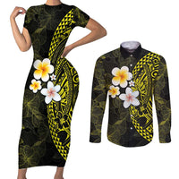 Hawaiian Hibiscus and Plumeria Polynesian Tribal Tattoo Couples Matching Short Sleeve Bodycon Dress and Long Sleeve Button Shirt Yellow Color