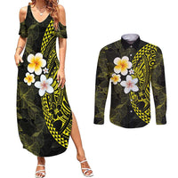 Hawaiian Hibiscus and Plumeria Polynesian Tribal Tattoo Couples Matching Summer Maxi Dress and Long Sleeve Button Shirt Yellow Color