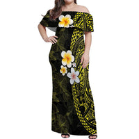 Hawaiian Hibiscus and Plumeria Polynesian Tribal Tattoo Off Shoulder Maxi Dress Yellow Color LT03 Women Yellow - Polynesian Pride