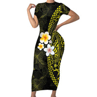 Hawaiian Hibiscus and Plumeria Polynesian Tribal Tattoo Short Sleeve Bodycon Dress Yellow Color LT03 Long Dress Yellow - Polynesian Pride