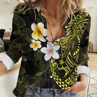 Hawaiian Hibiscus and Plumeria Polynesian Tribal Tattoo Women Casual Shirt Yellow Color