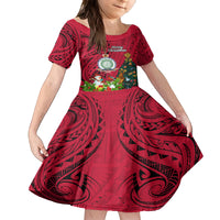Niue Christmas Family Matching Puletasi Dress and Hawaiian Shirt Coat of Arms and Polynesian Tattoo Xmas Element Christmas Red Vibe LT03 Daughter's Dress Red - Polynesian Pride