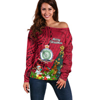 Niue Christmas Off Shoulder Sweater Coat of Arms and Polynesian Tattoo Xmas Element Christmas Red Vibe LT03 Women Red - Polynesian Pride