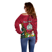 Personalised Niue Christmas Off Shoulder Sweater Coat of Arms and Polynesian Tattoo Xmas Element Christmas Red Vibe LT03 - Polynesian Pride