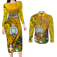Niue Christmas Couples Matching Long Sleeve Bodycon Dress and Long Sleeve Button Shirt Coat of Arms and Polynesian Tattoo Xmas Element Christmas Yellow Vibe LT03 Yellow - Polynesian Pride