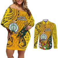Niue Christmas Couples Matching Off Shoulder Short Dress and Long Sleeve Button Shirt Coat of Arms and Polynesian Tattoo Xmas Element Christmas Yellow Vibe LT03 Yellow - Polynesian Pride
