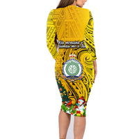 Niue Christmas Family Matching Long Sleeve Bodycon Dress and Hawaiian Shirt Coat of Arms and Polynesian Tattoo Xmas Element Christmas Yellow Vibe LT03 - Polynesian Pride