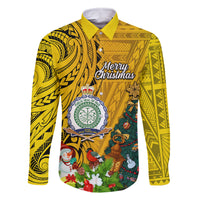 Niue Christmas Family Matching Off Shoulder Short Dress and Hawaiian Shirt Coat of Arms and Polynesian Tattoo Xmas Element Christmas Yellow Vibe LT03 Dad's Shirt - Long Sleeve Yellow - Polynesian Pride