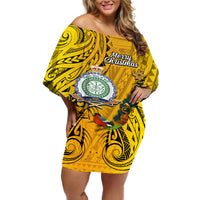 Niue Christmas Off Shoulder Short Dress Coat of Arms and Polynesian Tattoo Xmas Element Christmas Yellow Vibe LT03 Women Yellow - Polynesian Pride