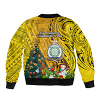 Niue Christmas Sleeve Zip Bomber Jacket Coat of Arms and Polynesian Tattoo Xmas Element Christmas Yellow Vibe LT03 - Polynesian Pride
