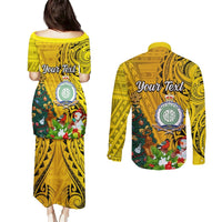 Personalised Niue Christmas Couples Matching Puletasi Dress and Long Sleeve Button Shirt Coat of Arms and Polynesian Tattoo Xmas Element Christmas Yellow Vibe LT03 - Polynesian Pride