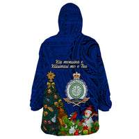 Niue Christmas Wearable Blanket Hoodie Coat of Arms and Polynesian Tattoo Xmas Element Christmas Blue Vibe LT03 - Polynesian Pride