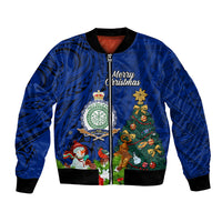 Personalised Niue Christmas Bomber Jacket Coat of Arms and Polynesian Tattoo Xmas Element Christmas Blue Vibe LT03 Unisex Blue - Polynesian Pride