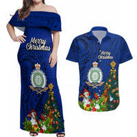 Personalised Niue Christmas Couples Matching Off Shoulder Maxi Dress and Hawaiian Shirt Coat of Arms and Polynesian Tattoo Xmas Element Christmas Blue Vibe LT03 Blue - Polynesian Pride