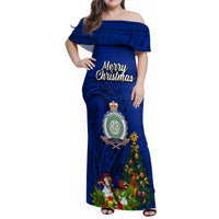 Personalised Niue Christmas Family Matching Off Shoulder Maxi Dress and Hawaiian Shirt Coat of Arms and Polynesian Tattoo Xmas Element Christmas Blue Vibe LT03 Mom's Dress Blue - Polynesian Pride