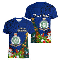Personalised Niue Christmas Women V Neck T Shirt Coat of Arms and Polynesian Tattoo Xmas Element Christmas Blue Vibe LT03 - Polynesian Pride