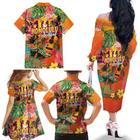 Hawaiian Honolulu Festival Family Matching Off The Shoulder Long Sleeve Dress and Hawaiian Shirt Hawaiian Identity - Hula Dancer and Ukulele Tropical Plants Style