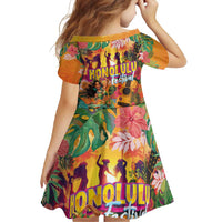 Hawaiian Honolulu Festival Family Matching Short Sleeve Bodycon Dress and Hawaiian Shirt Hawaiian Identity - Hula Dancer and Ukulele Tropical Plants Style