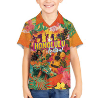 Hawaiian Honolulu Festival Kid Hawaiian Shirt Hawaiian Identity - Hula Dancer and Ukulele Tropical Plants Style