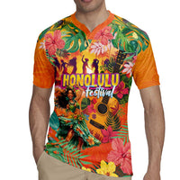 Hawaiian Honolulu Festival Rugby Jersey Hawaiian Identity - Hula Dancer and Ukulele Tropical Plants Style