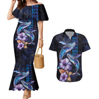 Hawaiian Whales Love Couple Couples Matching Mermaid Dress and Hawaiian Shirt Hibiscus and Kakau Art Tattoo Night Sky Vibe