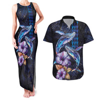Hawaiian Whales Love Couple Couples Matching Tank Maxi Dress and Hawaiian Shirt Hibiscus and Kakau Art Tattoo Night Sky Vibe