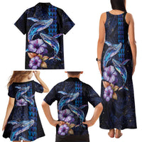 Hawaiian Whales Love Couple Family Matching Tank Maxi Dress and Hawaiian Shirt Hibiscus and Kakau Art Tattoo Night Sky Vibe