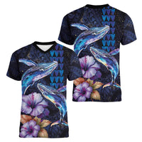 Hawaiian Whales Love Couple Women V-Neck T-Shirt Hibiscus and Kakau Art Tattoo Night Sky Vibe