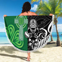 New Zealand And Ireland Rugby Custom Beach Blanket Maori Tiki With Shamrock