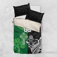 New Zealand And Ireland Rugby Custom Bedding Set Maori Tiki With Shamrock