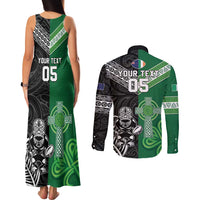 New Zealand And Ireland Rugby Custom Couples Matching Tank Maxi Dress and Long Sleeve Button Shirt Maori Tiki With Shamrock