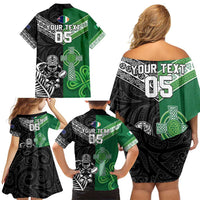 New Zealand And Ireland Rugby Custom Family Matching Off Shoulder Short Dress and Hawaiian Shirt Maori Tiki With Shamrock