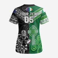 New Zealand And Ireland Rugby Custom Scrub Top Maori Tiki With Shamrock - Polynesian Pride