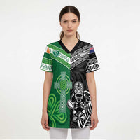 New Zealand And Ireland Rugby Custom Scrub Top Maori Tiki With Shamrock - Polynesian Pride