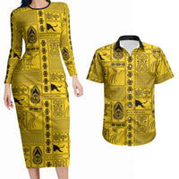 Papua New Guinea Heritage Motif Couples Matching Long Sleeve Bodycon Dress and Hawaiian Shirt Yellow Version LT05 Yellow - Polynesian Pride