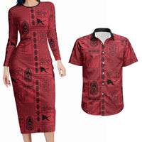 Papua New Guinea Heritage Motif Couples Matching Long Sleeve Bodycon Dress and Hawaiian Shirt Red Version LT05 Red - Polynesian Pride