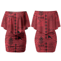 Papua New Guinea Heritage Motif Family Matching Off Shoulder Short Dress and Hawaiian Shirt Red Version LT05 Mom's Dress Red - Polynesian Pride