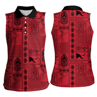 Papua New Guinea Heritage Motif Women Sleeveless Polo Shirt Red Version LT05 - Polynesian Pride