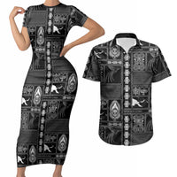 Papua New Guinea Heritage Motif Couples Matching Short Sleeve Bodycon Dress and Hawaiian Shirt Black Version LT05 Black - Polynesian Pride