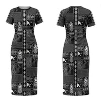 Papua New Guinea Heritage Motif Couples Matching Short Sleeve Bodycon Dress and Hawaiian Shirt Black Version LT05 - Polynesian Pride