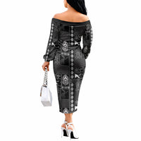 Papua New Guinea Heritage Motif Off The Shoulder Long Sleeve Dress Black Version LT05 - Polynesian Pride