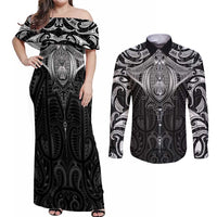 New Zealand Aotearoa Couples Matching Off Shoulder Maxi Dress and Long Sleeve Button Shirt Maori Manta Ray Moko Black - Polynesian Pride