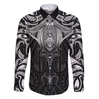 New Zealand Aotearoa Family Matching Long Sleeve Bodycon Dress and Hawaiian Shirt Maori Manta Ray Moko Black LT05 Dad's Shirt - Long Sleeve Black - Polynesian Pride