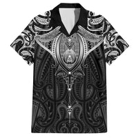 New Zealand Aotearoa Family Matching Off The Shoulder Long Sleeve Dress and Hawaiian Shirt Maori Manta Ray Moko Black - Polynesian Pride