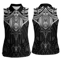 New Zealand Aotearoa Women Sleeveless Polo Shirt Maori Manta Ray Moko Black - Polynesian Pride