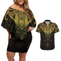 New Zealand Aotearoa Couples Matching Off Shoulder Short Dress and Hawaiian Shirt Maori Manta Ray Moko Gold - Polynesian Pride