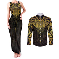 New Zealand Aotearoa Couples Matching Tank Maxi Dress and Long Sleeve Button Shirt Maori Manta Ray Moko Gold - Polynesian Pride