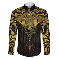 New Zealand Aotearoa Family Matching Long Sleeve Bodycon Dress and Hawaiian Shirt Maori Manta Ray Moko Gold LT05 Dad's Shirt - Long Sleeve Gold - Polynesian Pride