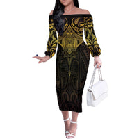 New Zealand Aotearoa Family Matching Off The Shoulder Long Sleeve Dress and Hawaiian Shirt Maori Manta Ray Moko Gold - Polynesian Pride
